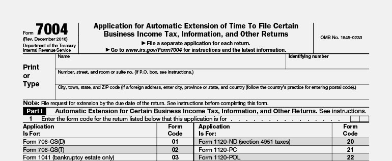 top of IRS Form 7004